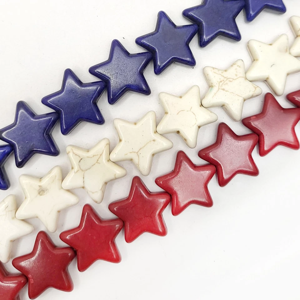 Conta estrela cor patriótica azul branco vermelho pedra preciosa Howlite turquesa 15" fio - Imagem 2 de 2