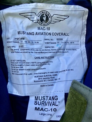 個人装備 Mustang Aviation Coverall MAC 10 Mustang Survival Mac-10 Mustang Aviation Coverall - Large