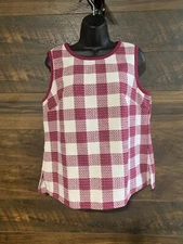 Liz Claiborne Top Shell Women Medium Vest Woven Plaid Sleevless Pink Red