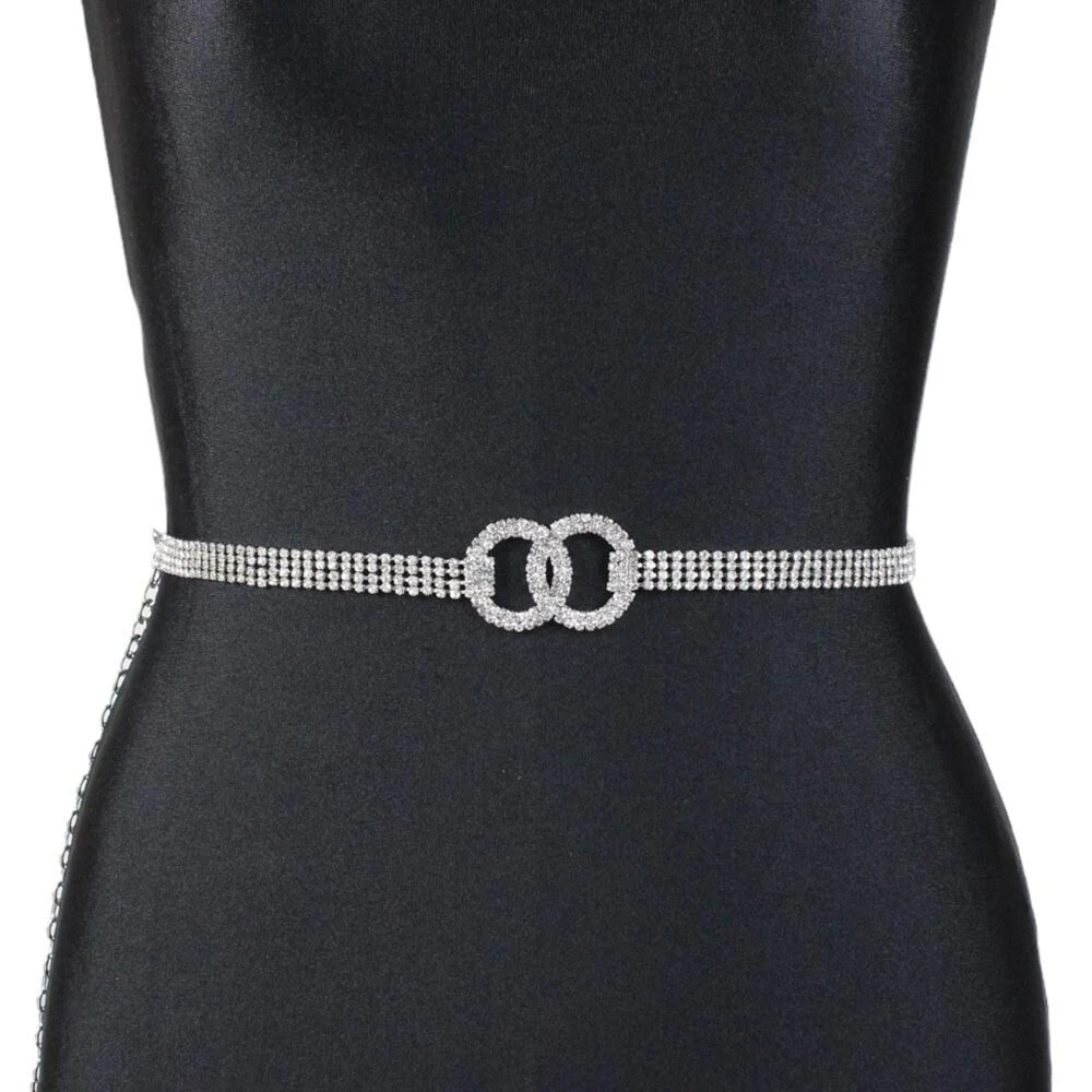 Cintura Donna Elastica Con Strass E Cristalli - Skinny, Bling Bling, Chiusura A Gioiello, Nera Lucida, 65cm