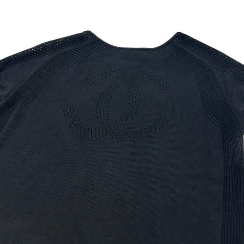 CHANEL Sport Vintage 08C CC Mark Logo Mesh Knit Top #36 Black White Cotton - Picture 8 of 9