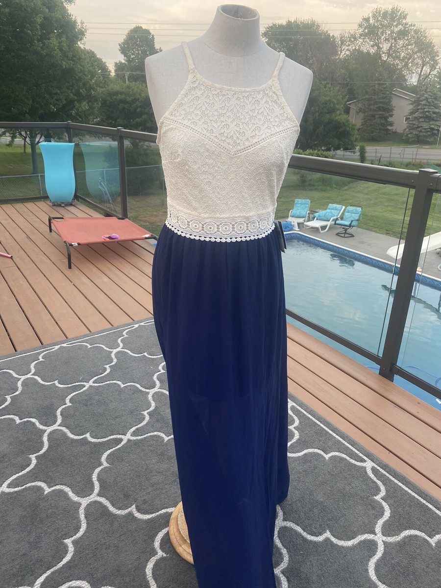 IZ Byer Cream Lace Top/Bottom Navy Blue Long Dress. Size Medium | eBay