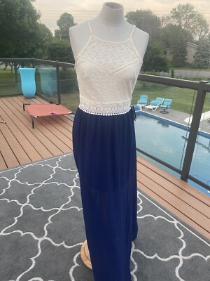 IZ Byer Cream Lace Top/Bottom Navy Blue Long Dress. Size Medium | eBay