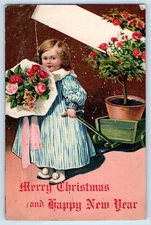 Christmas Postcard Little Girl With Roses Flowers Bouquet Willimantic CT 1908