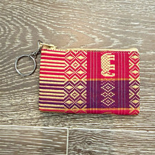 Red Purple Beige Tribal Geometric Zip Coin Purse Wallet Pouch w/ Keyring