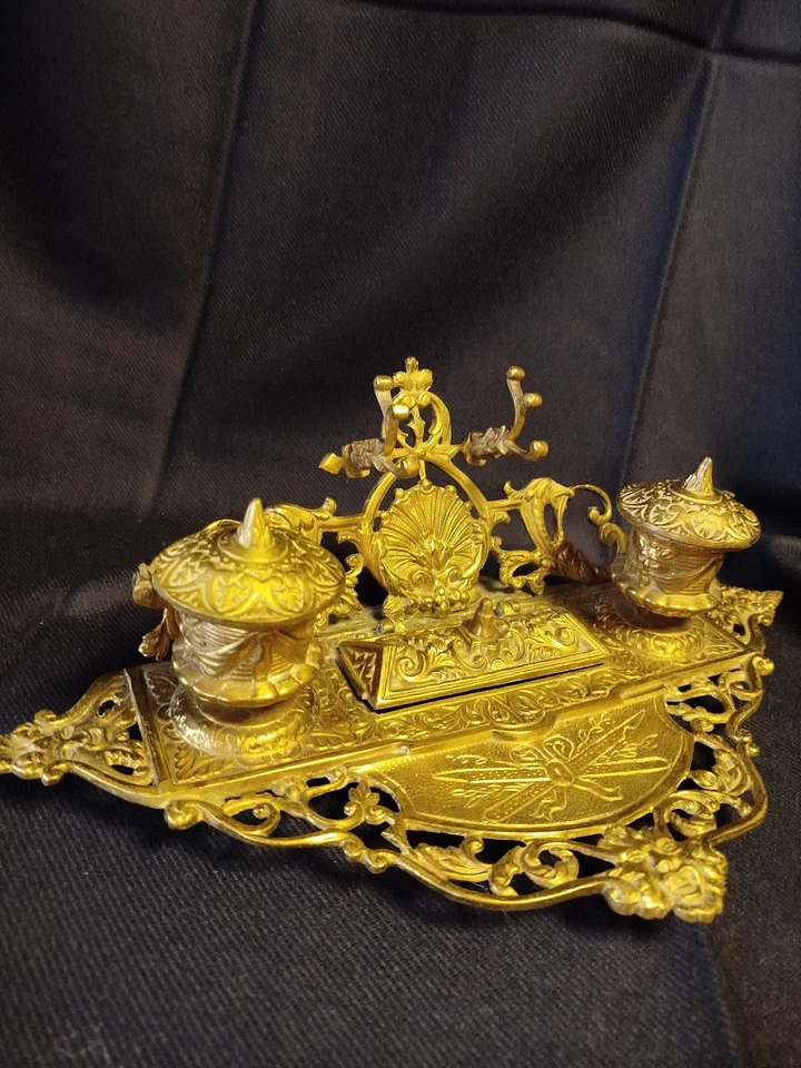 MAGNIFIQUE ANCIEN GRAND DOUBLE ENCRIER EN BRONZE DORE - Photo 3/4