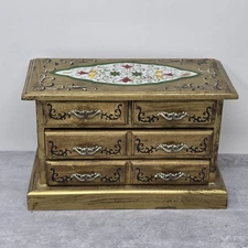 Vintage Florentine Jewelery Box Bright Colored Floral Design Red Velvet Lined