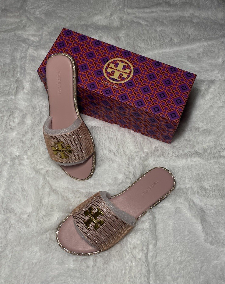 Tory Burch Women's Slide Sandals Pink/Gold Logo Patent Leather Slip On US 8 NWB
