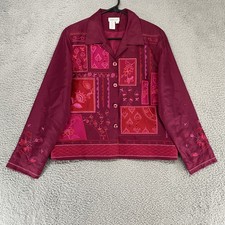 Coldwater Creek Jacket Womens Medium Silk Embroidered Patchwork Boho Maroon