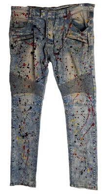 BALMAIN Paris Paint Splatter Distressed Denim Moto Biker Jeans Sz 36x32 Italy