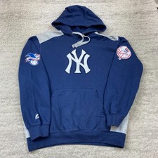 VTG Majestic New York Yankees Hoodie Medium Blue White MLB Patch Y2K Mens 90s