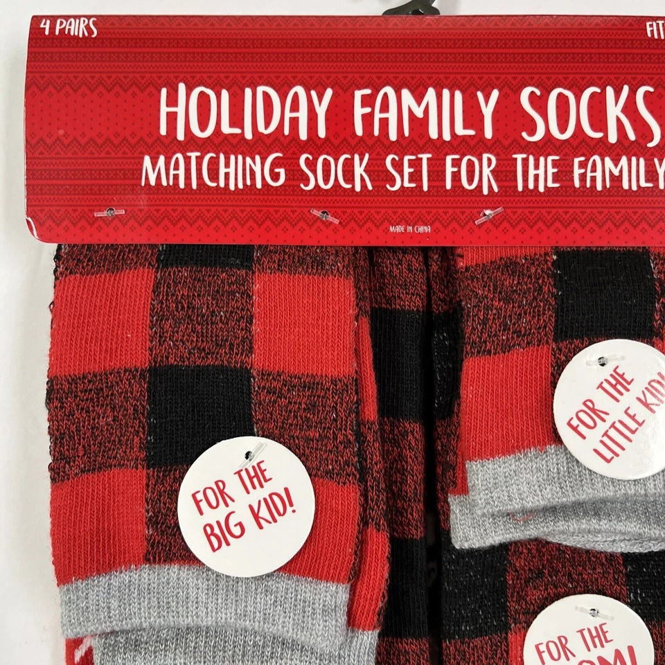 Juego de 4 pares de calcetines a juego Holiday Family Christmas Bear Family rojo negro a cuadros Foto 3 de 4