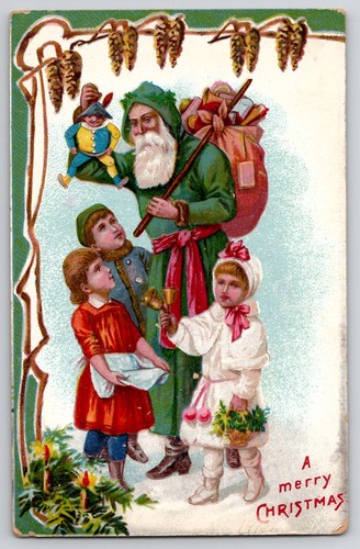 Alte Welt Weihnachtsmann grünes Gewand Weihnachtsmann Kinder 30g Postkarte um 1908
