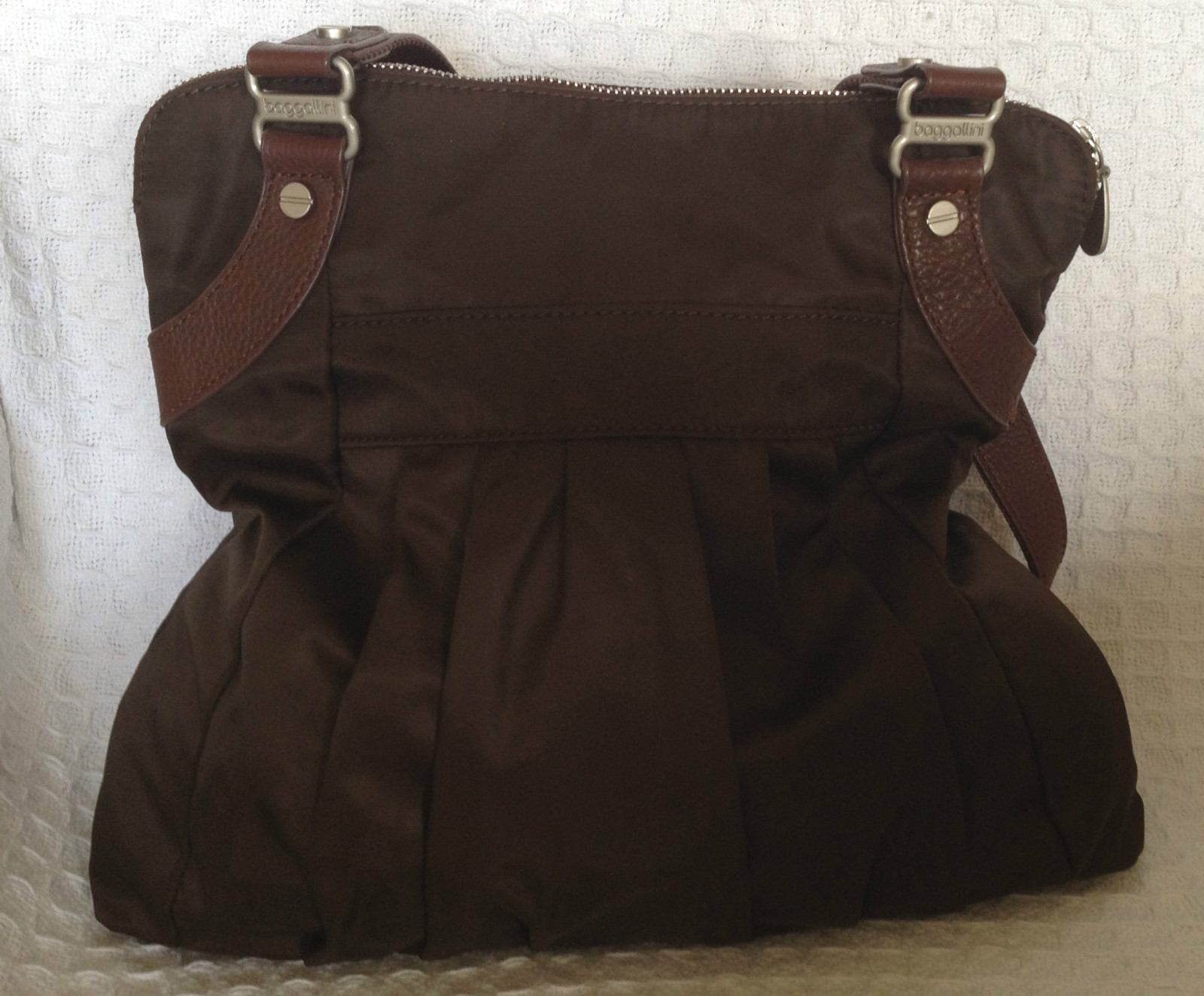 BAGGALLINI Brown Nylon & Leather AUDREY Pleated Tote Bag PurseNear
