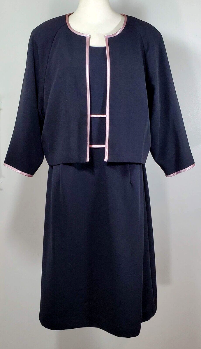 Vintage Dressbarn Piece Dress Jacket Set Size 16 Black w/ Pink Details