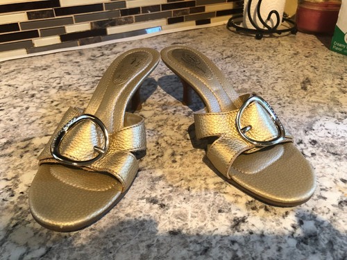 Dr Scholl's Opal Kitten Heel Gold Leather Slip-On Rhinestone Sandals 9.5 M - Picture 3 of 8