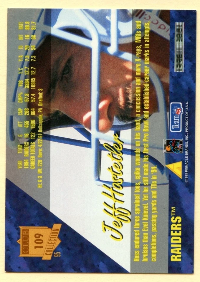 1995 Pinnacle Club Collection Jeff Hostetler football card #109 Oakland Raiders - Image 2 of 2