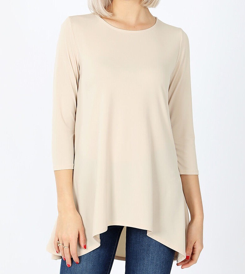 1X 2X Women 3/4 Sleeve Round Neck High Low Petal Flared Hem Soft