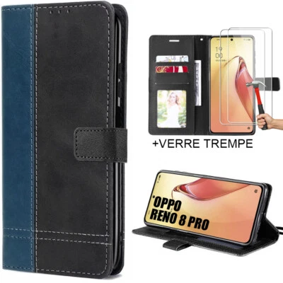 Coque Cuir PU OPPO A54 A74 A93 5G Reno 8 Pro Lite Find X5 Pro + 2 Verres Trempés