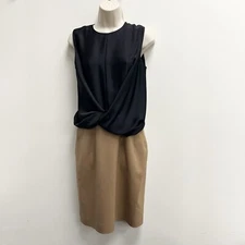 CARVEN Sleevless Bi-Fabric Dress Black Camel Tan Wool Drape Top *Flaw* Size 38