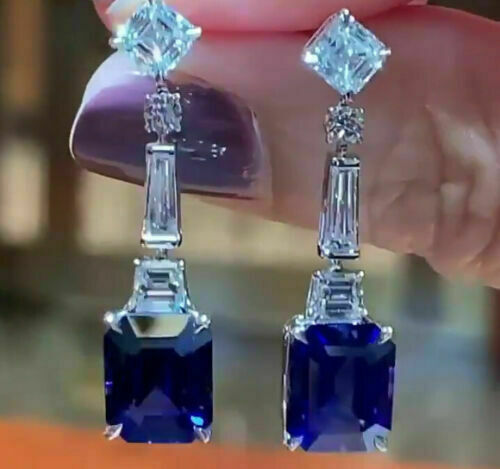 4Ct Emerald Cut Blue Sapphire Simulated Drop/Dangle Earrings 14K