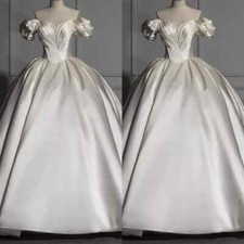 Elegant White Ivory Wedding Dresses with Short Sleeves Pure Satin Bridal Gowns