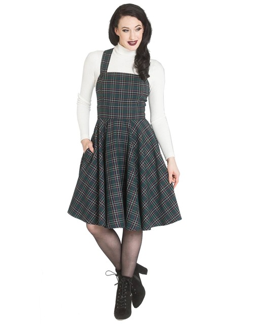 HELL BUNNY PEEBLES PINAFORE DRESS tartan check vintage style GREEN BLUE
