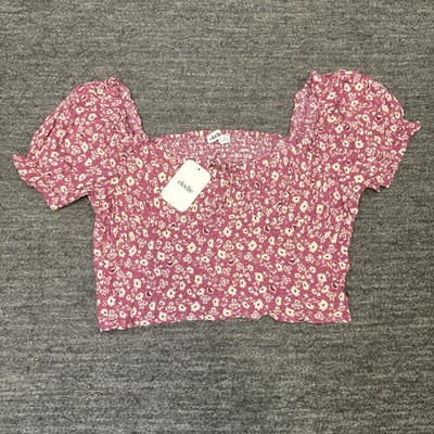 Elodie Shirt Women XL Pink Babydoll Milkmaid Floral Smocked Crop Top Western