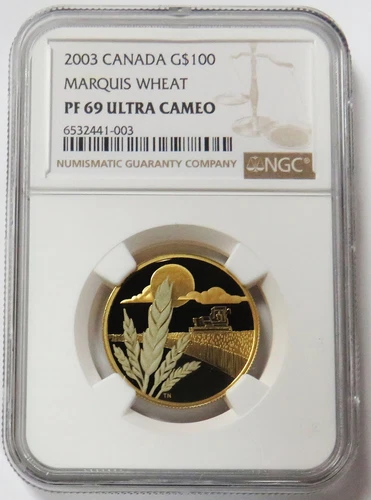 2003 GOLD CANADA PROOF $100 MARQUIS WHEAT COLORIZE NGC PF 69 ULTRA CAMEO
