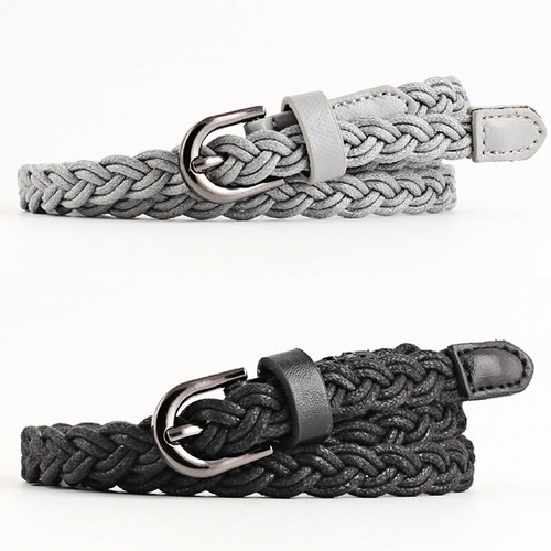 Women Thin Narrow Wax Rope Skinny Waistband PU Knitted Braided Belt Pants Jeans