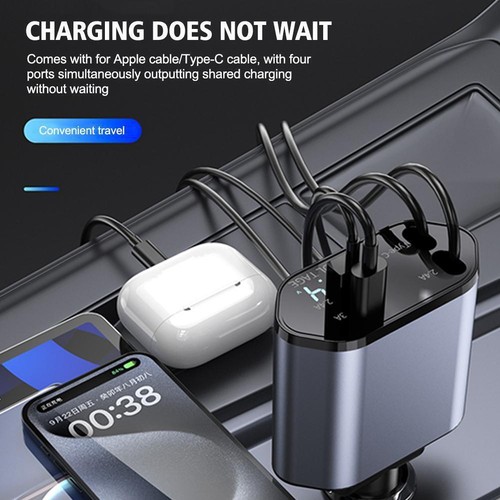 4-in-1 120W Car Charger Retractable USB Type-C Cable Phone For Cell }э N0H3 - Picture 4 of 6