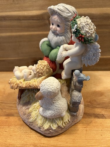 Dreamcicles Figur 1999 Weihnachtsmann beim Gebet mit Baby Engel blauer Vogel Kunstguss EUC - Bild 2 von 14