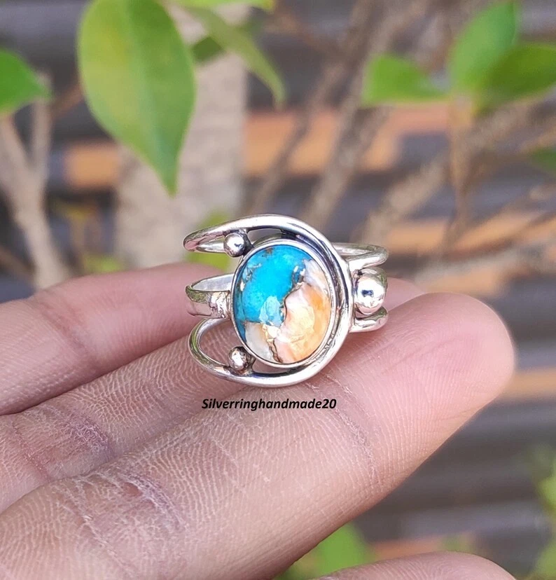Hermoso anillo llamativo de plata de ley 925 turquesa ostra, todas las tallas M1440 Foto 2 de 4