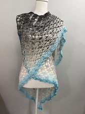 Handmade Crochet Triangle Lace Shawl/Wrap - Gray, White  Blue Ombr  - 89  x41  