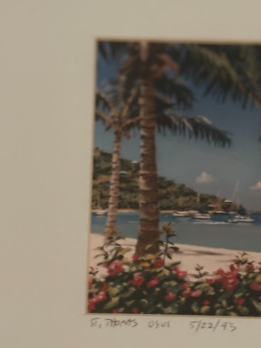 Gerahmtes Gemälde Mitch und Rae Gibbs Segelboote Palmen Strandhaus signiert - Bild 8 von 12
