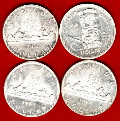 Four Canada silver dollars 1958 1963