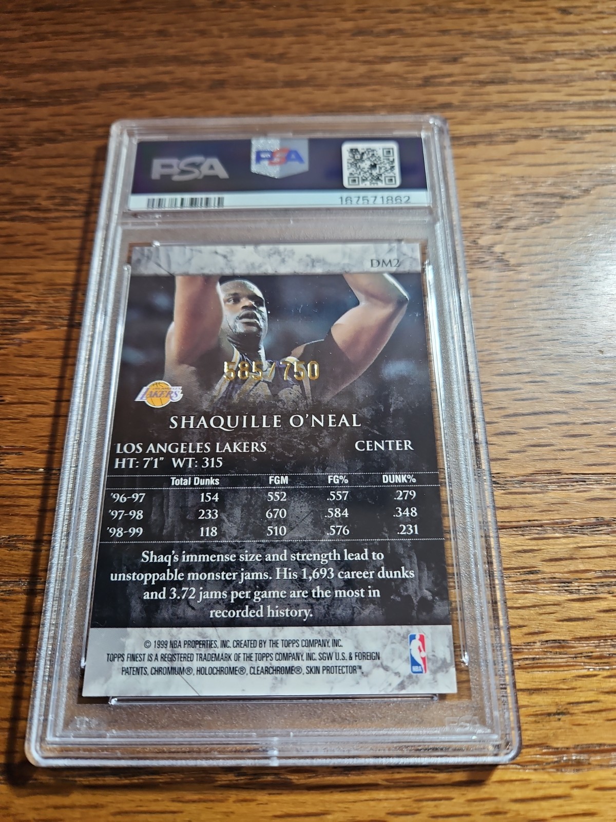 1999 SHAQUILLE O'NEAL TOPPS FINEST Dunk Masters W/COATING  #DM2 PSA 7 view 2