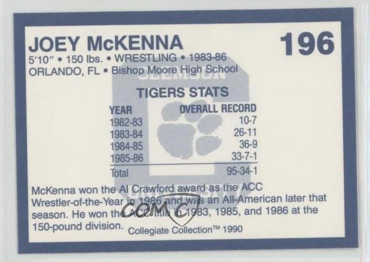 1990 Collegiate Collection Clemson Tigers Joey McKenna #196 - Image 2 of 2