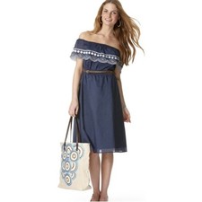 Calypso St Barth for Target Off Shoulder Embroidered Midi Dress Blue Cotton, S