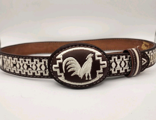 Rooster Embroidered Buckle Cowboy Mexican Brown Leather Belt Sz 28