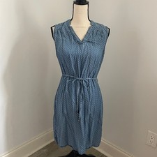 Blue Chambray Polka Dot Dress 12 Sleeveless Vacation Boho Chic Casual Sundress L