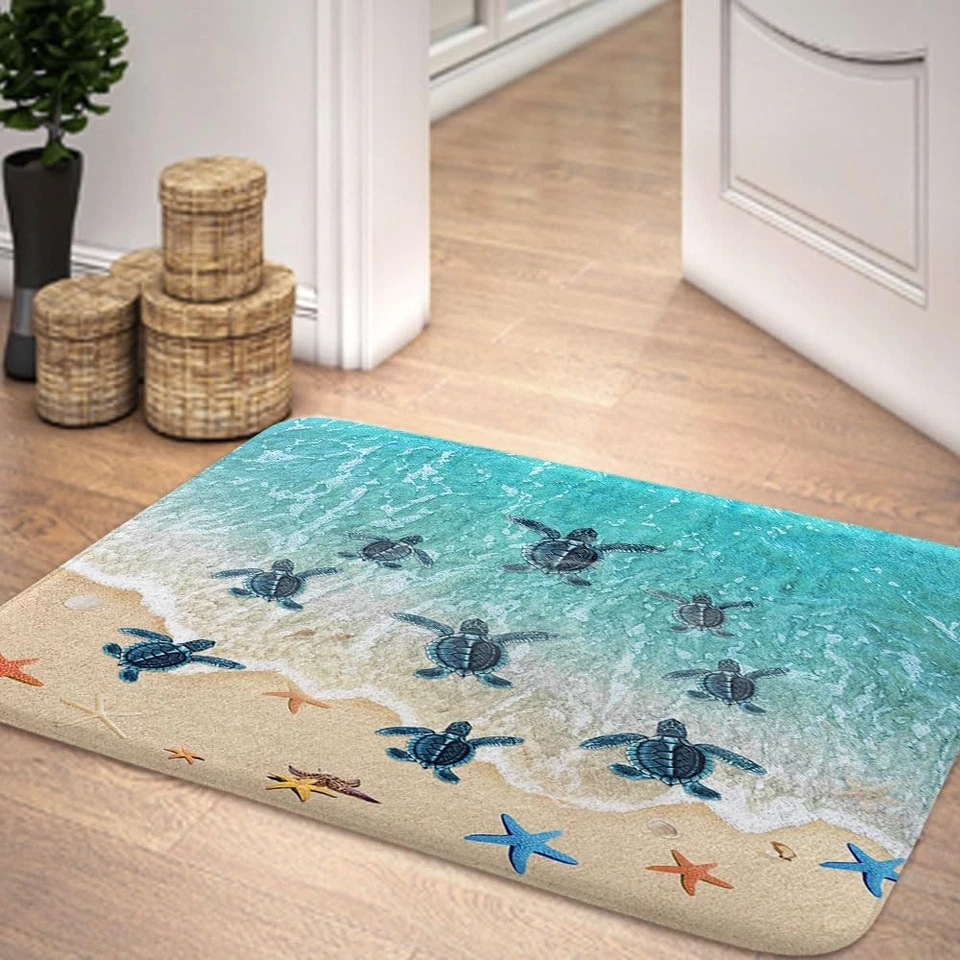 Alfombras temáticas Turtle Ocean Beach - Alfombras de baño de tortugas marinas con conchas marinas y... Foto 2 de 3