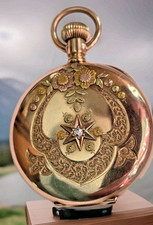 14K GOLD LADIES WALTHAM HUNTING CASE POCKET WATCH GREEN ROSE YELLOW DIAMOND