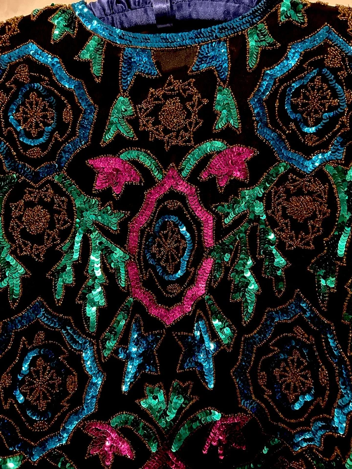 Blusa de Noche Verdadera Vintage Trofeo Esposa S Negra Colorida Lentejuelas Glamurosa Foto 2 de 4