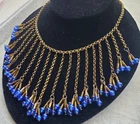 Vintage Early Miriam Haskell Blue Glass Bead Drop Chain Bib Brass Necklace Unsig