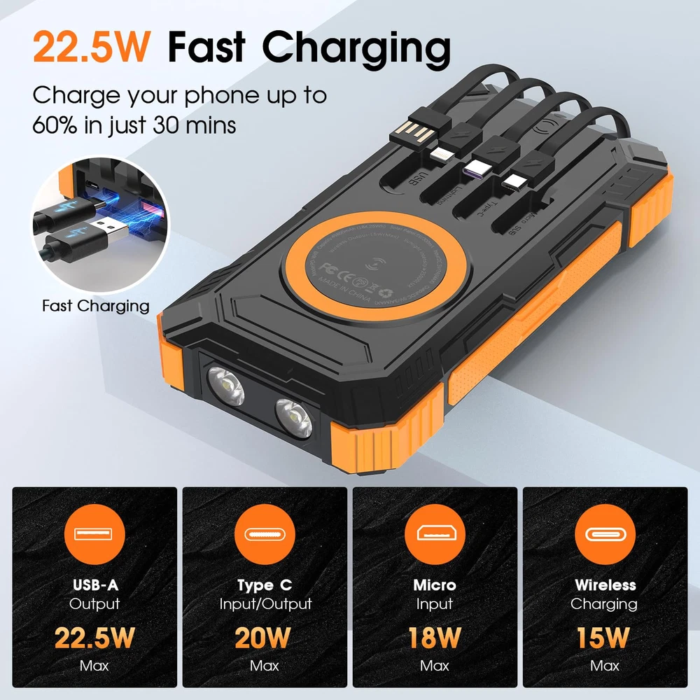 Power Bank Solar Charger,49800mAh Wireless Portable Charger with 4 Built-in C...