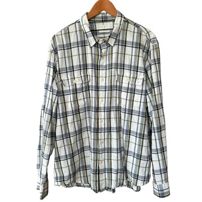 Lucky Brand Mens Linen Blend Long Sleeve Humboldt Shirt Workwear Blue Plaid XL