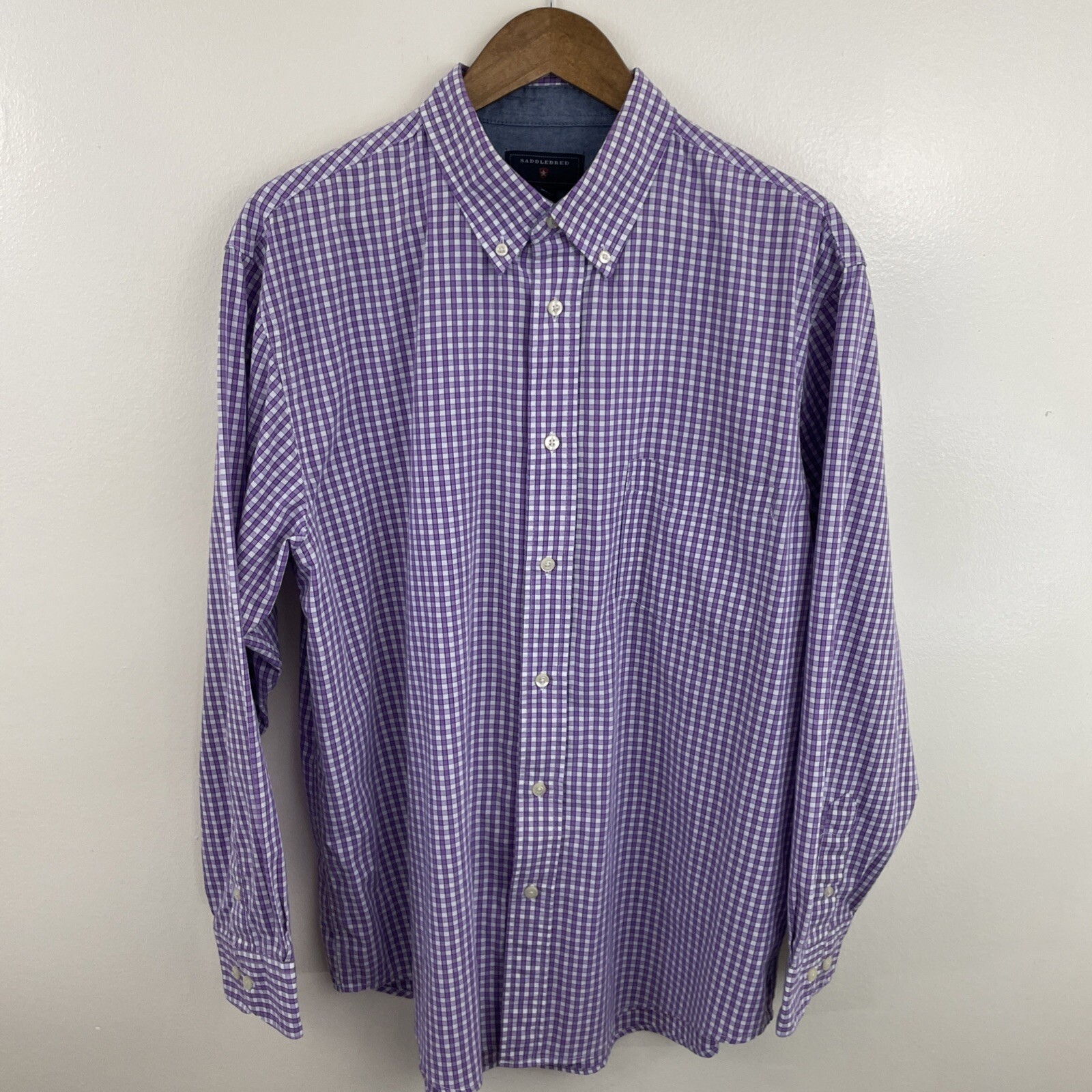 Saddlebred Shirt Mens L Purple & White Check Long Sleeve Button Down Classic