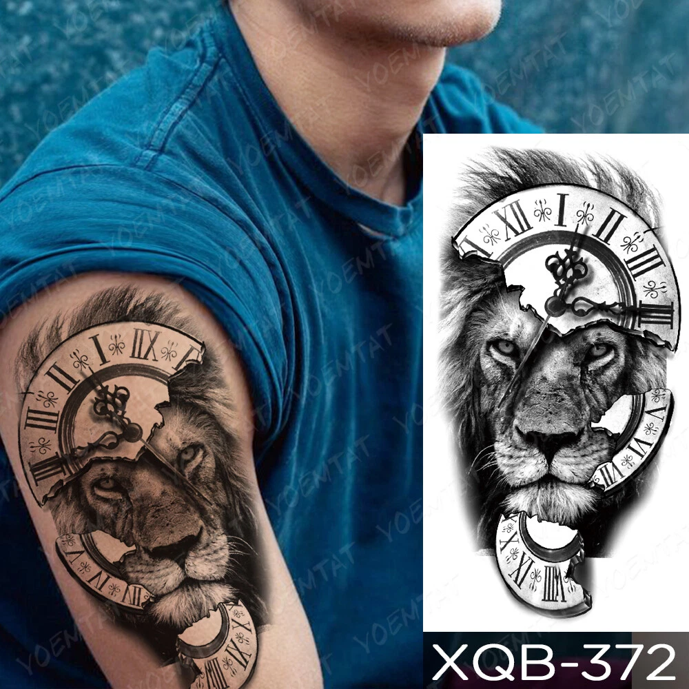 Lion Breaking Clock Face Temporary Tattoo Fake Sticker Womens Mens Arm Leg Back