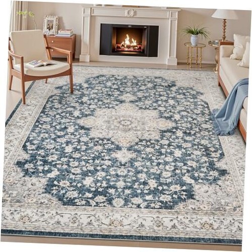 Washable Area Rug - Rugs for Living Room Bedroom Non Slip Low Pile 6x9 Blue